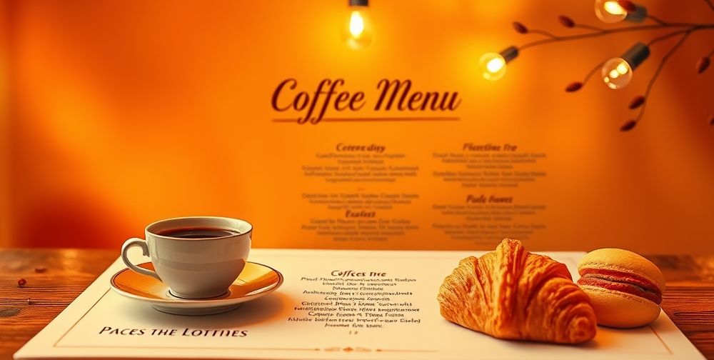 A stylish coffee shop menu design featuring warm colors, elegant typography, and images of delicious coffee and pastries.