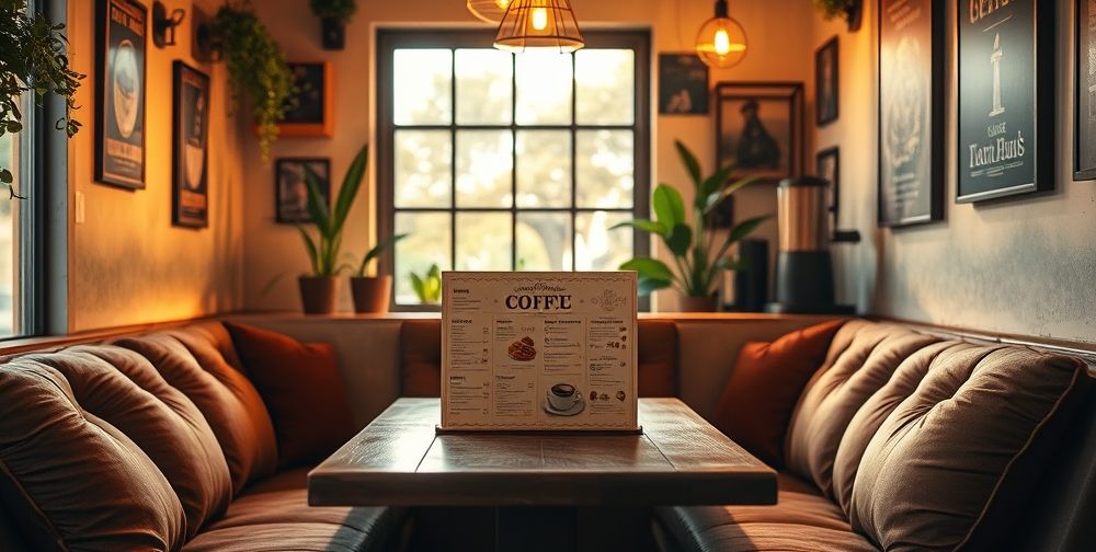 A cozy coffee shop interior with a beautifully designed menu displayed on a wooden table, surrounded by warm lighting and comfortable seating.
