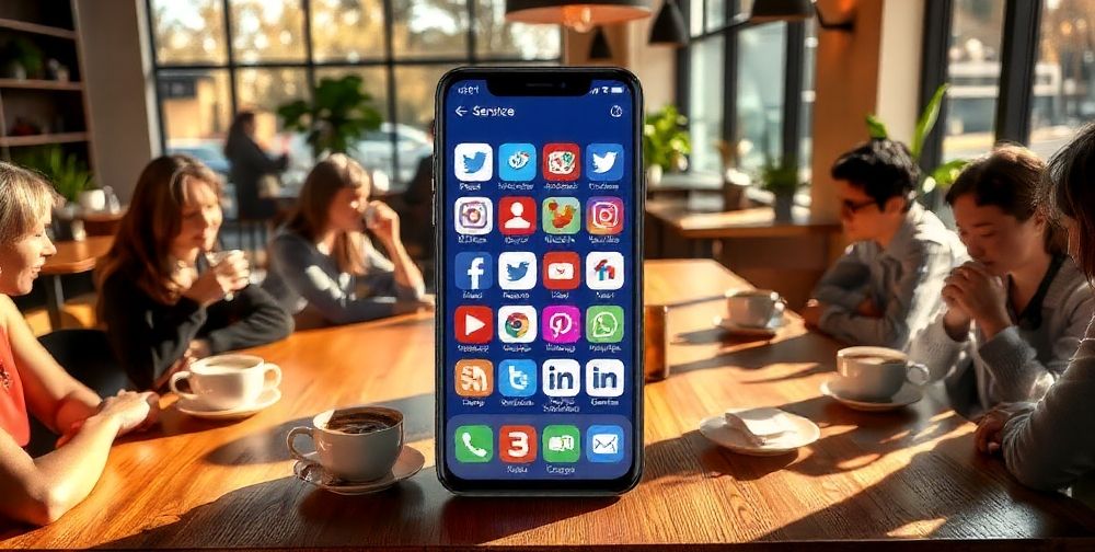 A colorful representation of a social media menu with various service categories, displayed on a smartphone screen in a modern cafe setting.