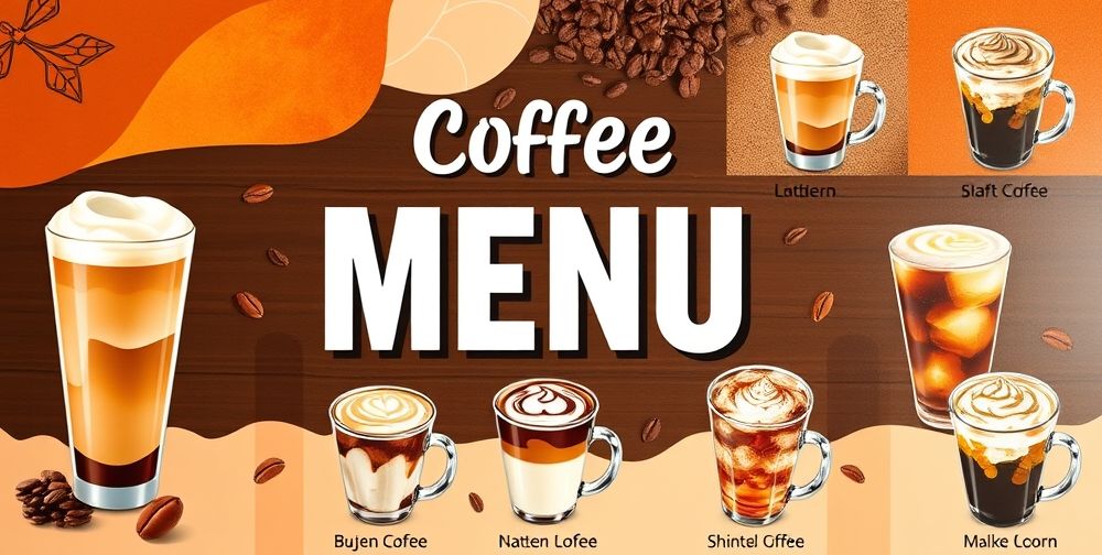 A visually appealing coffee shop menu design, featuring vibrant colors, clear typography, and high-quality images of beverages. The mood is inviting and cozy, showcasing a unique and modern style.