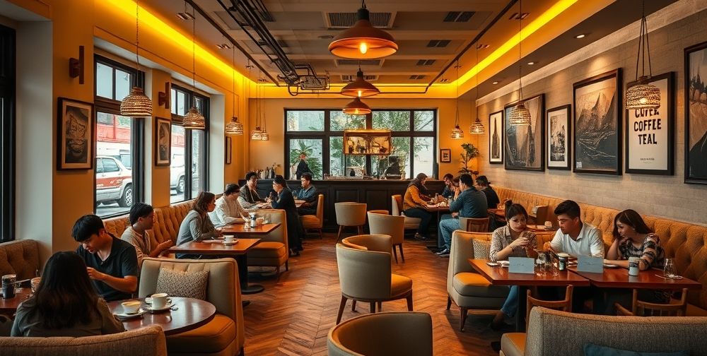 A cozy coffee shop interior with modern furnishings, warm lighting, and customers enjoying their drinks and conversations.