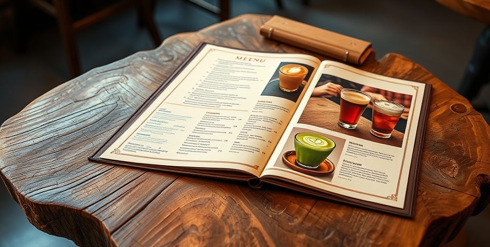 A visually appealing coffee shop menu with elegant fonts, vibrant colors, and images of signature drinks, placed on a rustic wooden table in a cozy café setting.