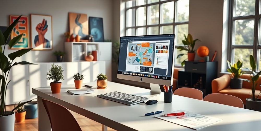 A creative workspace showing a computer screen with open design software running a layered graphic design project that emphasizes cost-saving aspects.