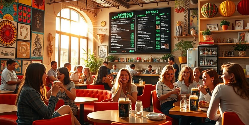 A vibrant cafe interior with colorful decor and a modern menu display, lively atmosphere, and cheerful customers enjoying their drinks.