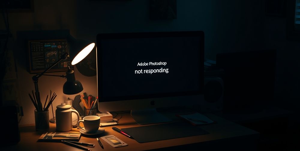 A screenshot of Adobe Photoshop not responding, with an error message displayed on a computer screen in a dimly lit room.