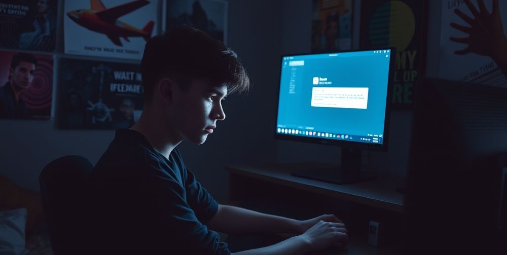 A person looking frustrated at a computer screen with error messages on Adobe Photoshop, in a dimly lit room with posters of design and creativity.
