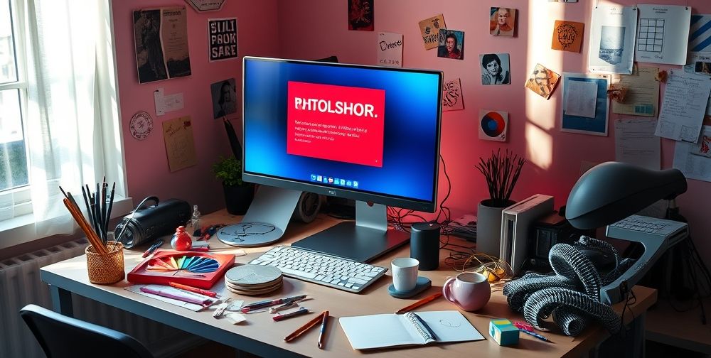 A computer desk with a user troubleshooting Photoshop errors, showing an error message on the screen, various design tools scattered around.