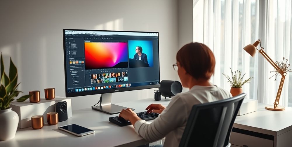 A modern computer workspace with Photoshop open, showing various tools on the screen and a user focused on editing an image. The environment is well-lit with a clean desktop and vibrant colors.