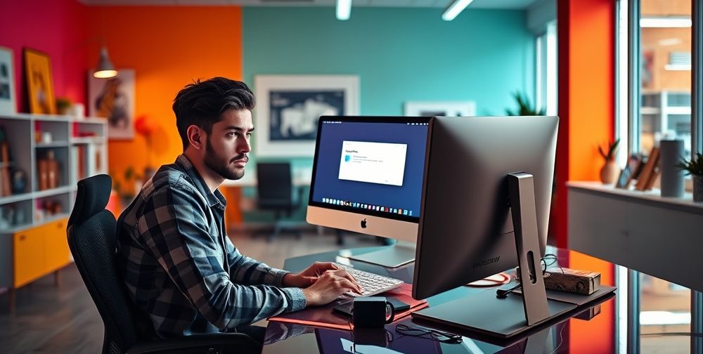 A user sitting at a desk, looking puzzled while trying to install Photoshop on their computer. The screen displays an error message about error 127 in a bright, modern office setting.