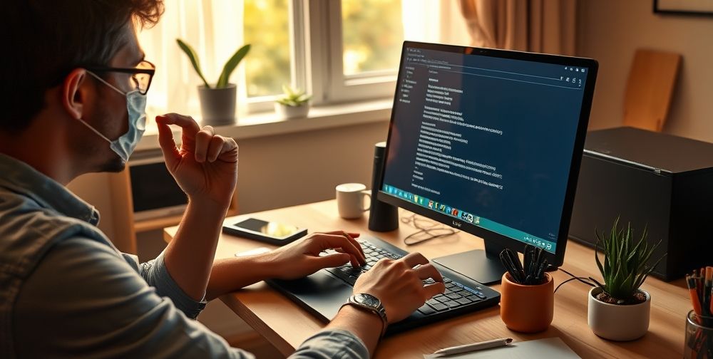 A person checking their computer screen displaying the results of running the SFC command. The mood is focused and determined in a home office setting.