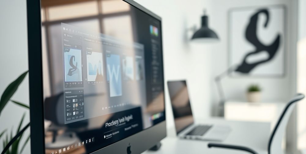 A close-up view of a computer screen displaying a slow-running Photoshop interface with various editing tools and layers visible, showing signs of lagging, in a modern workspace with a sleek design.