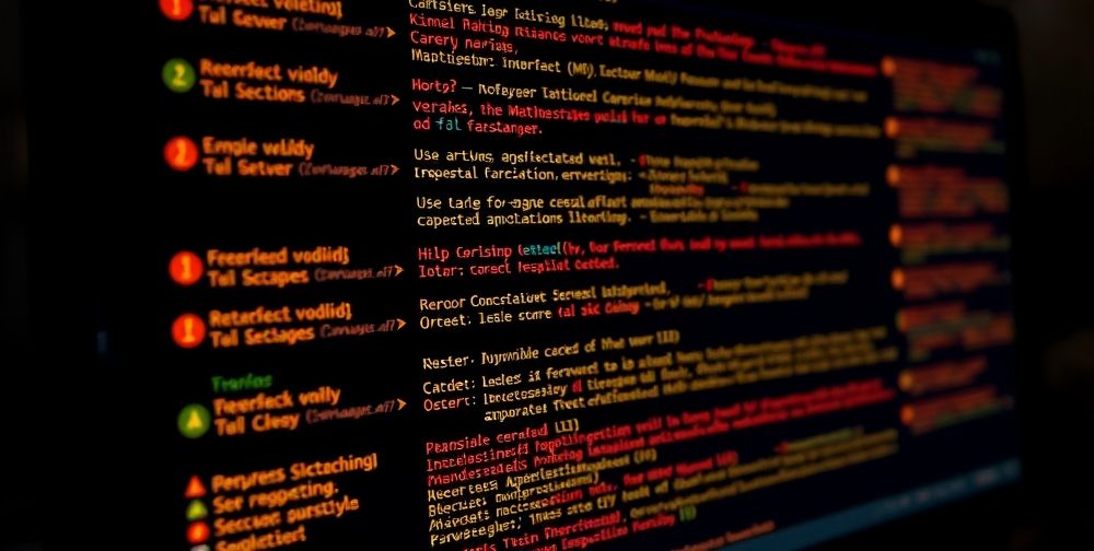 A detailed view of various Photoshop error messages displayed on a computer screen, showcasing error codes, status indicators, and user actions, with a dark-themed interface highlighting troubleshooting steps.