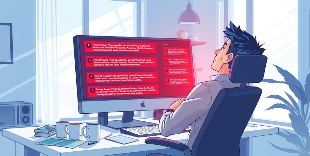 An image showing common installation errors on a computer screen with a frustrated user. The screen displays error messages related to Photoshop installation, and the user is sitting in a well-lit room.