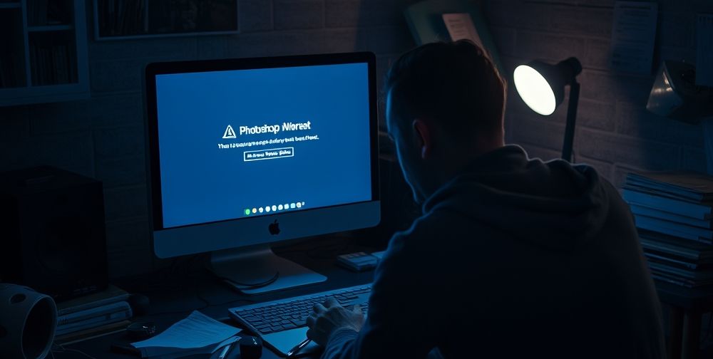 A computer screen showing an error message in Photoshop, showcasing the user looking frustrated, dim lighting around the workspace, subtle tones of blue and gray.