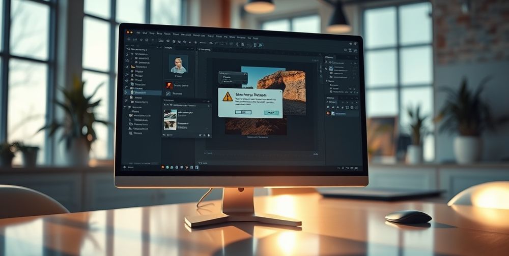 A detailed view of a computer monitor displaying Photoshop's memory error message, with various open layers and tools visible in the background, set in a sleek modern office environment.