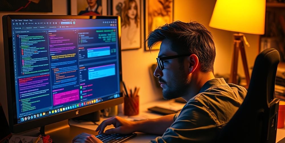 An image showing a user troubleshooting complex Photoshop errors on a computer, with error messages displayed, colorful interface, and engaged expression.