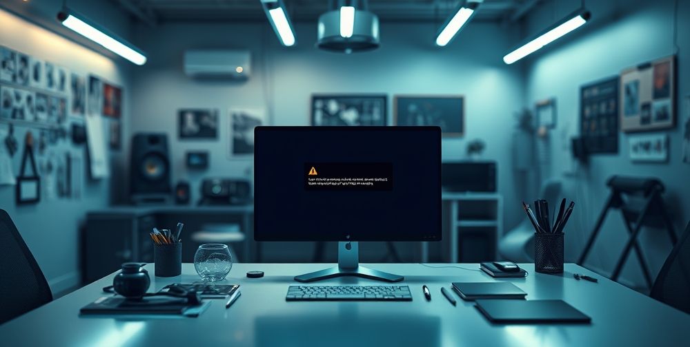 A screenshot displaying the Photoshop interface with an error message on the screen, emphasizing the need for software updates, with a color scheme of blue and gray.