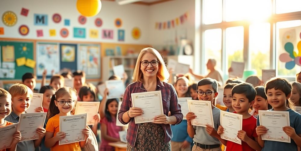 An inspiring classroom scene with students receiving appreciation certificates, colorful decorations on the walls, and a teacher smiling with pride.