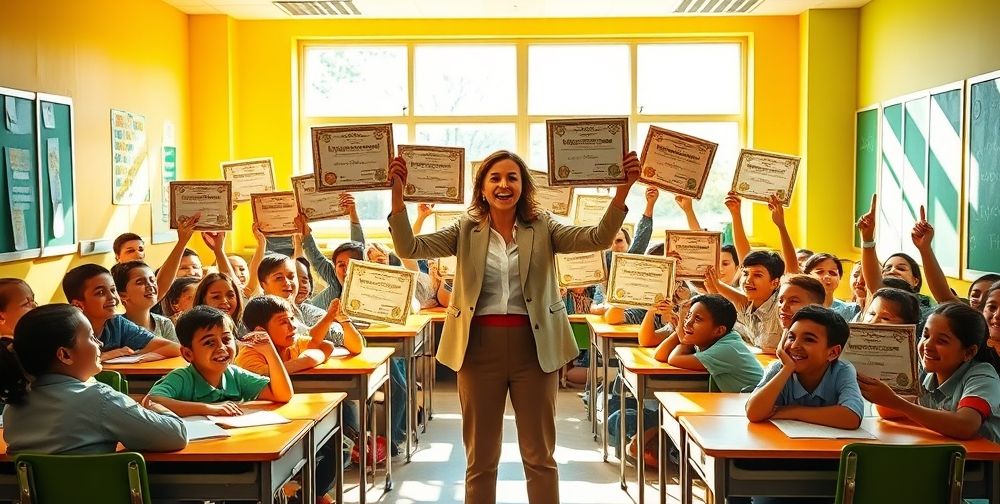 An inspiring classroom scene where a teacher presents beautiful commendation certificates to proud top students, filled with bright color and celebratory mood.