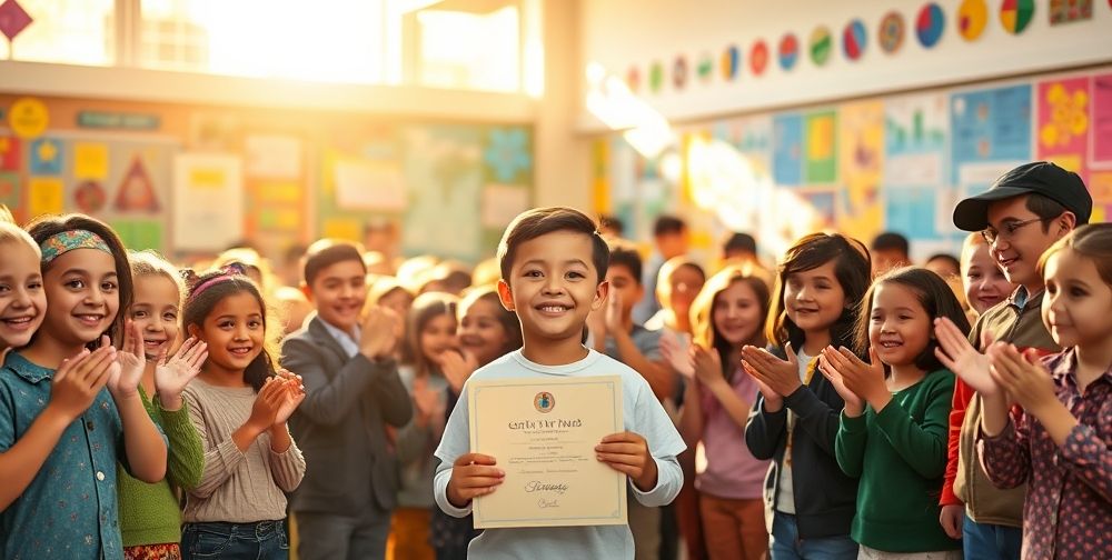 A heartfelt moment where a proud student receives an award certificate among applauding peers, showcasing a vibrant classroom atmosphere filled with excitement.