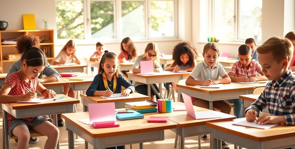 A bright classroom setting with a group of students sitting at their desks, writing thank you notes with colorful stationery.