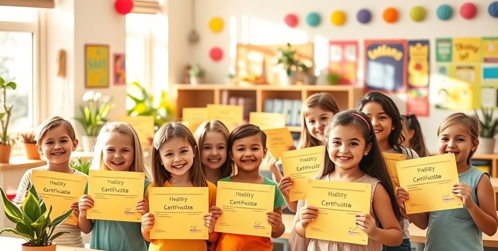 A classroom environment where a teacher hands out healthy and positive certificates to students, showcasing their smiles and pride, colorful decorations in the background creating a joyful atmosphere.