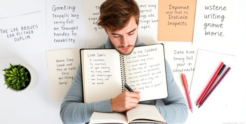 A thoughtful individual writing goals in a notebook, surrounded by motivational quotes and a serene workspace, inspirational and organized aesthetic.