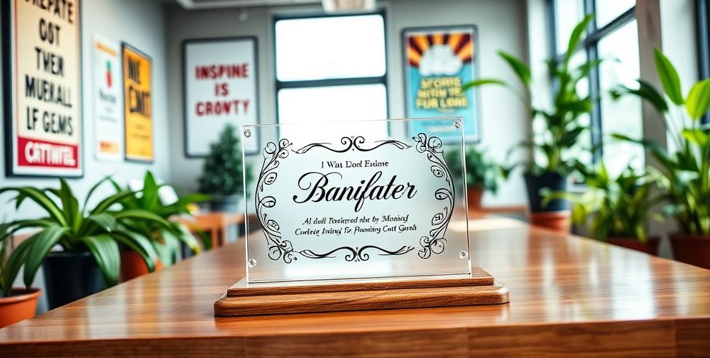 A beautifully designed award plaque on a wooden desk, showcasing intricate craftsmanship and elegant lettering. The background features a bright office environment with motivational posters and plants.