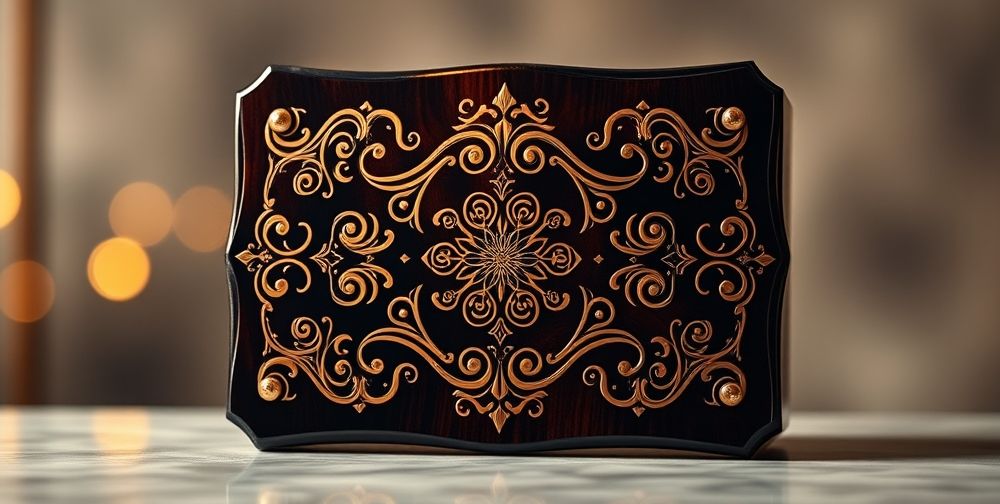 A beautifully designed award plaque featuring intricate engravings and a glossy finish, set against a soft-focus background that emphasizes its elegance and significance.