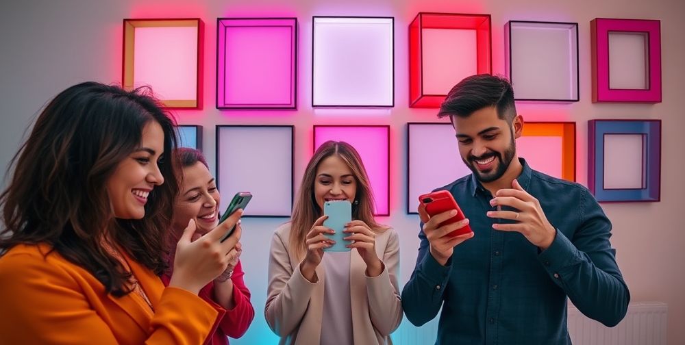 A modern, visually captivating Instagram feed, with diverse post frames in pastel and bold colors. Users scrolling on a smartphone are stopping at posts with geometric, artistic borders that pop against a minimalist background. Faces show curiosity and delight.