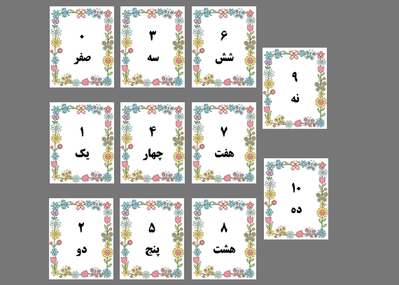 فلش کارت اعداد فارسی 0-10 گل و پروانه