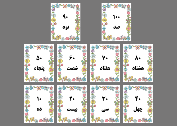 فلش کارت اعداد فارسی100-10گل و پروانه